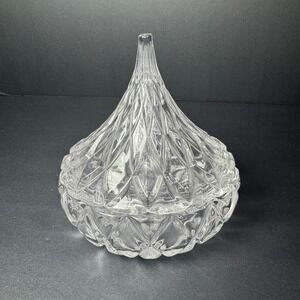Crystal Candy Dish with Lid Diamond Cut Hershey Kiss Shaped Bowl Clear Glass 5"